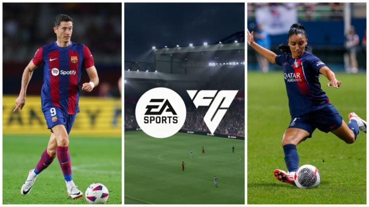 Robert Lewandowski (L), EA Sports FC 24 logo (C) and Sakina Karchaoui (R)