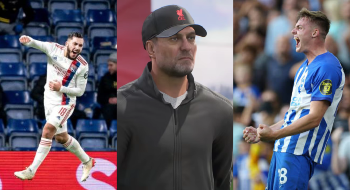left is Rayan Cherki ,centre is screenshot of Jurgen Klopp in EA FC 24, Right is Evan Ferguson