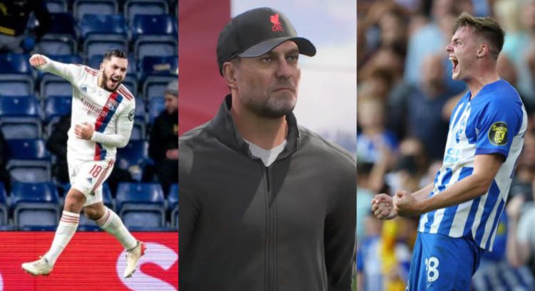 left is Rayan Cherki ,centre is screenshot of Jurgen Klopp in EA FC 24, Right is Evan Ferguson