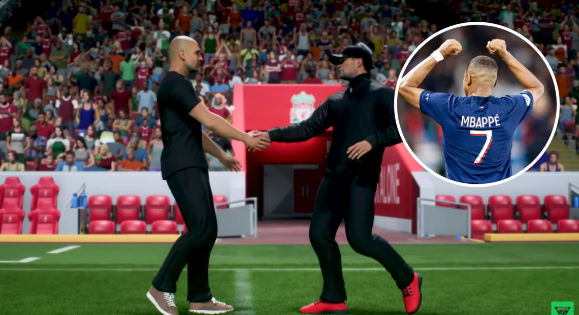 Main image is Jurgen Klopp and Pep Guardiola in EA FC 24, circle image is Kylian Mbappe
