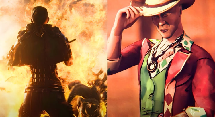 Left image Outriders explosion, right image cowboy in Weird West