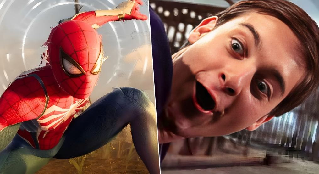 Left image Spider-Man in Marvel's Spider-Man 2, right image Tobey Maquire in Spider-Man learning to use his powers