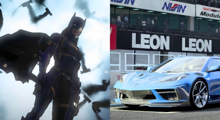 Left image Batgirl silhouette Gotham Knights, right image Forza Motorsport car