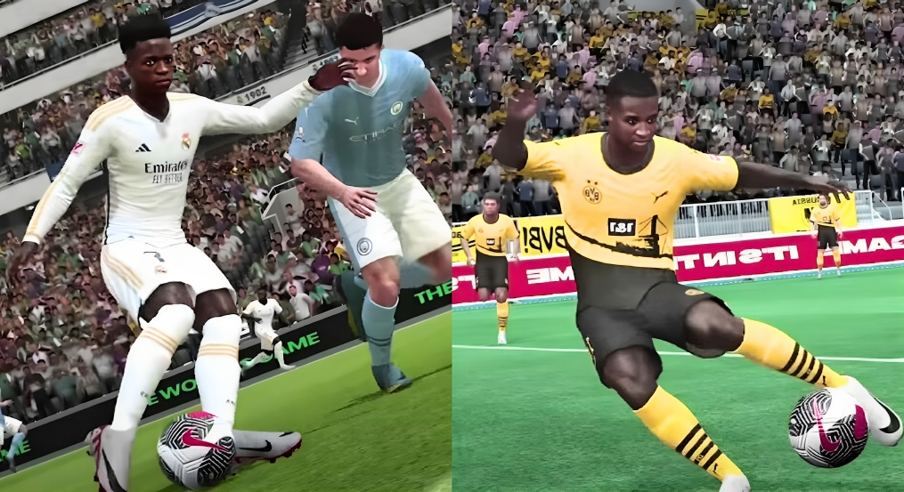 Left image Vinicious JR vs Rodri in EA Sports FC Mobile, right image Borussia Dortmund player shooting in EA Sports Mobile