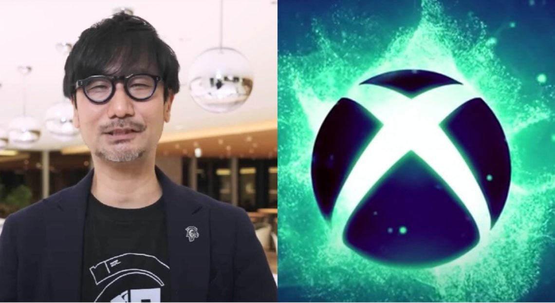 Left image Hideo Kojima at Kojima Productions office in Japan, right image Xbox logo