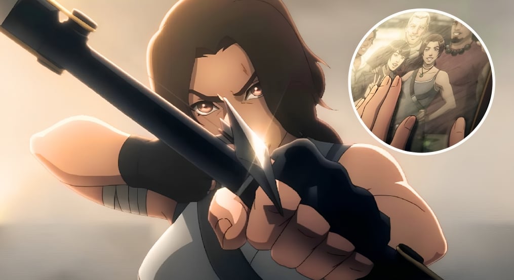 Main image Lara Croft in Tomb Raider Netflix shooting bow and arrow, circle image Lara Croft photo of TR 2013 crew