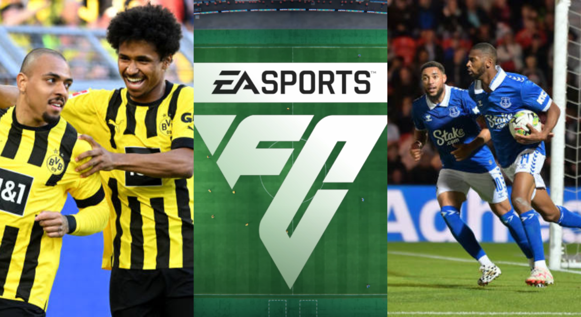 Left picture is Karim Adeyemi, middle is EA FC 24 logo screenshot, right is Arnaut Danjuma and Beto