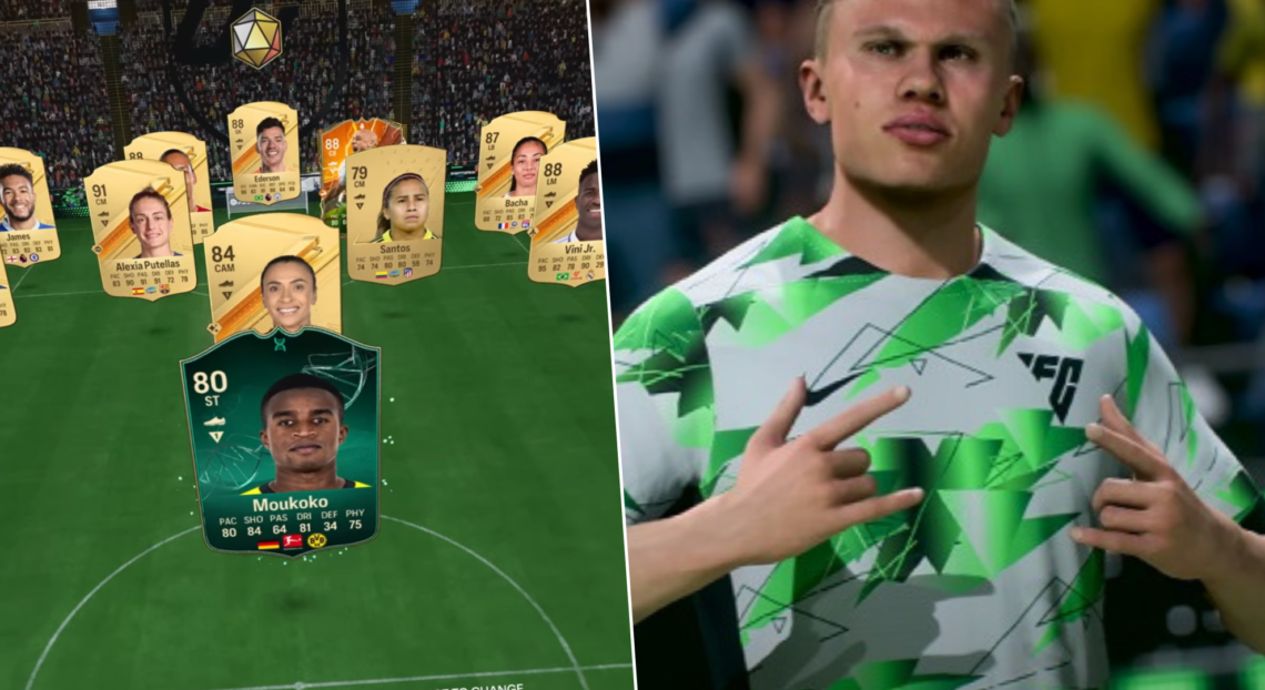 Left image is Picture of Youssoufa Moukoko's Evolution in game Right image Erling Haaland in EA Sports FC 24 Ultimate Team