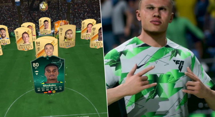 Left image is Picture of Youssoufa Moukoko's Evolution in game Right image Erling Haaland in EA Sports FC 24 Ultimate Team