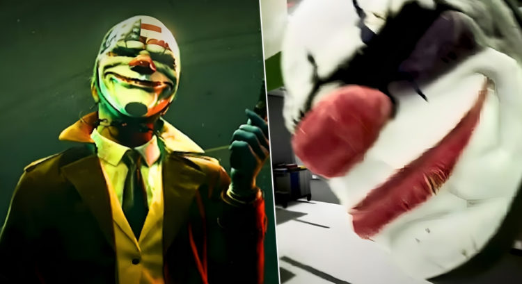 Left image Payday 3 robber, right image robber putting on mask in FPS view