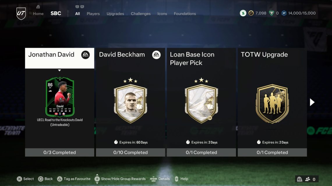 Squad Building Challenge screen on EA Sports FC 24 Ultimate Team