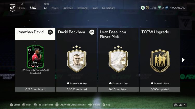 Squad Building Challenge screen on EA Sports FC 24 Ultimate Team