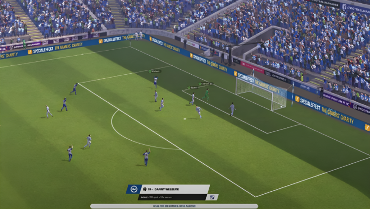 Football Manager 2024 gameplay with Danny Welbeck scoring
